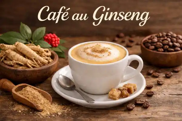 Tasse de café au ginseng avec racine de ginseng fraîche