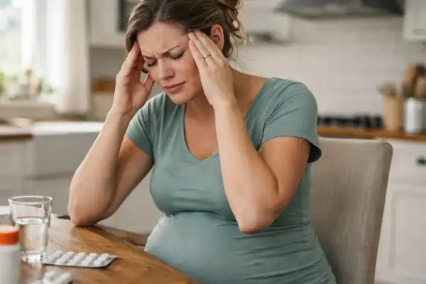 Femme enceinte souffrant de maux de tête avec compresse froide