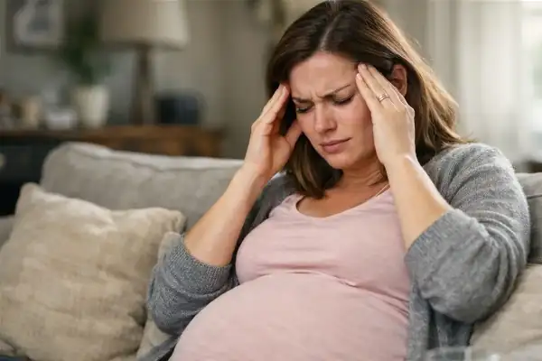 Femme enceinte se massant les tempes pour soulager un mal de tête