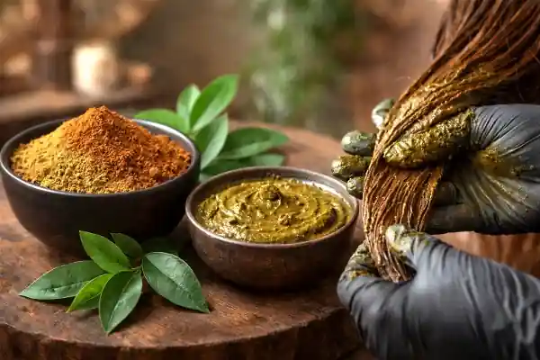 Feuilles de henné, poudre et motifs traditionnels mehndi sur main