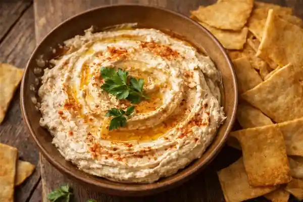 Houmous traditionnel avec pois chiches, tahini, huile d'olive et épices