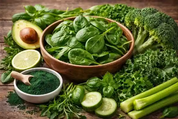 Aliments riches en chlorophylle : épinards, kale, spiruline, brocoli, herbe de blé