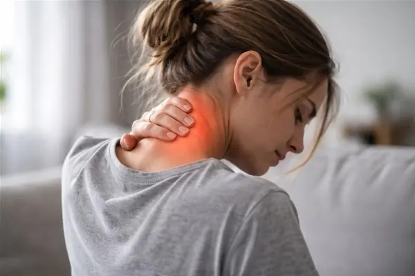 Femme soulageant une douleur à la nuque avec une bouillotte et des étirements doux