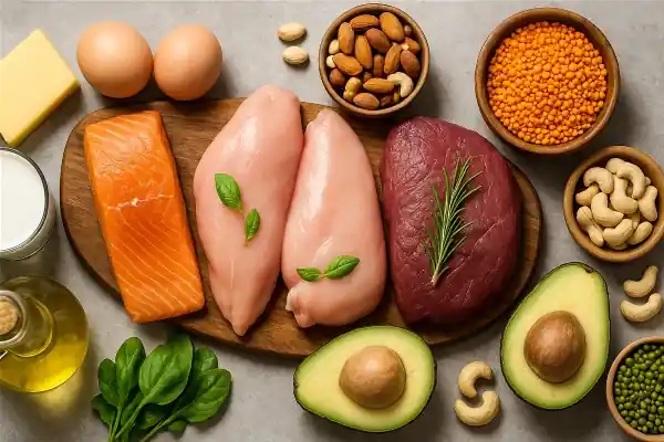 Assiette équilibrée riche en protéines avec poulet, œufs, légumes et noix