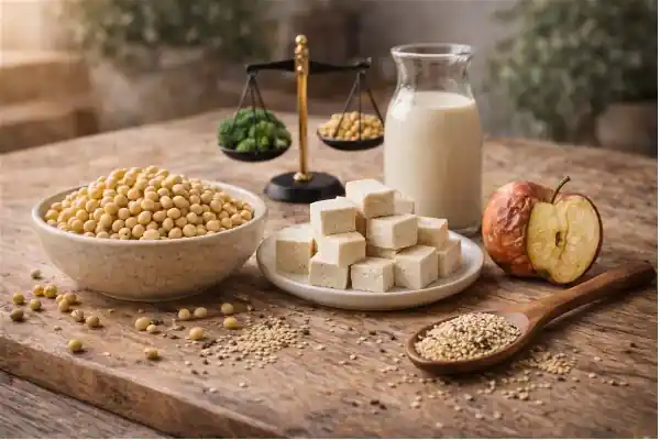 Produits de soja variés : tofu, tempeh, edamame et boisson de soja